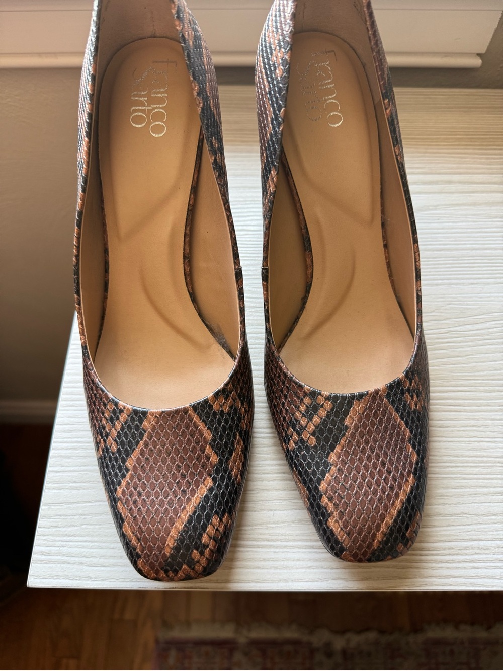 Franco Sarto Brown Snake-Print Pointed Toe Pumps
